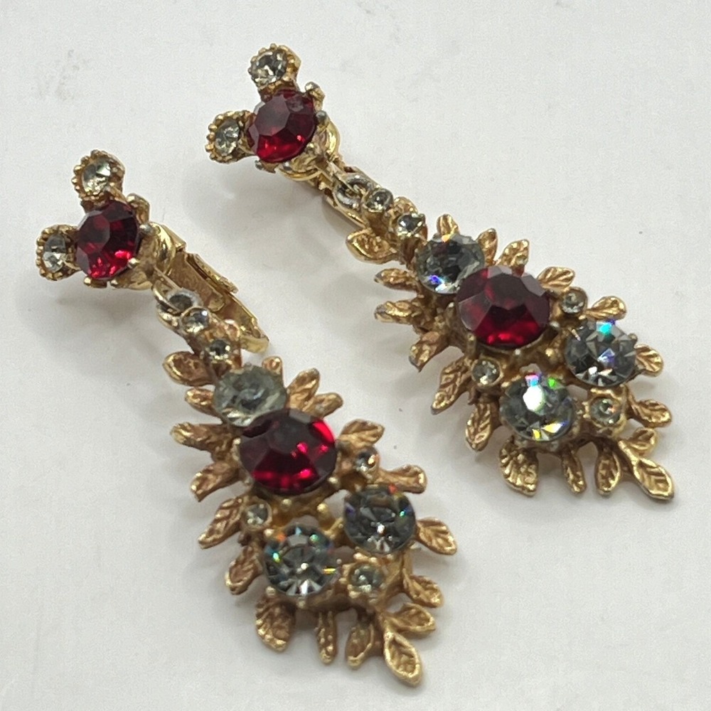 Vintage BSK Clip On Dangle Earrings Red Rhinestones Gold Tone Drop Statement